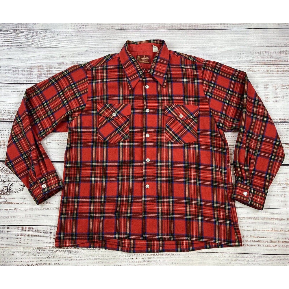 Vtg 70s Perma-Prest Sears The Men's Store Brown Buffalo Plaid Flannel Shirt Sz L